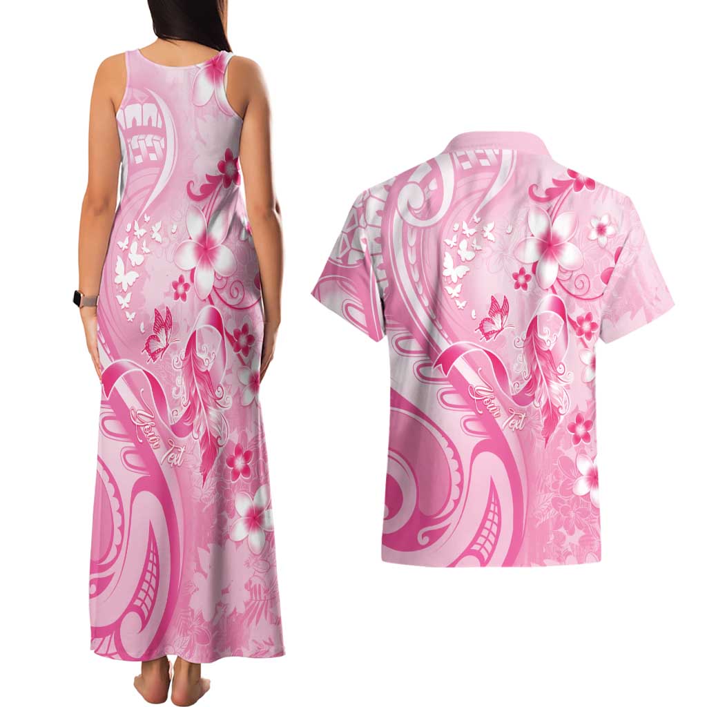 Personalised Memorial Pink Breast Cancer Awareness Couples Matching Tank Maxi Dress and Hawaiian Shirt Plumeria Floral Tribal Pattern LT05 - Polynesian Pride