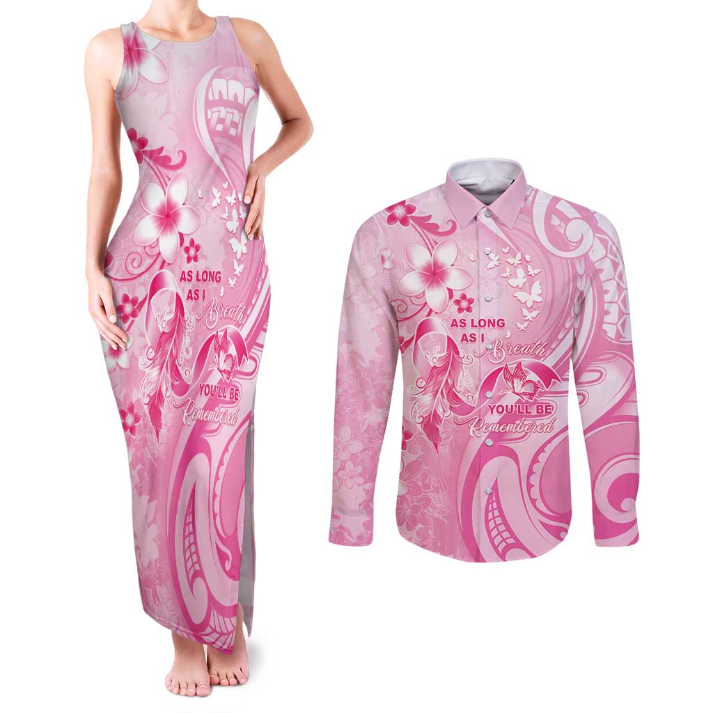 Personalised Memorial Pink Breast Cancer Awareness Couples Matching Tank Maxi Dress and Long Sleeve Button Shirt Plumeria Floral Tribal Pattern LT05 Pink - Polynesian Pride