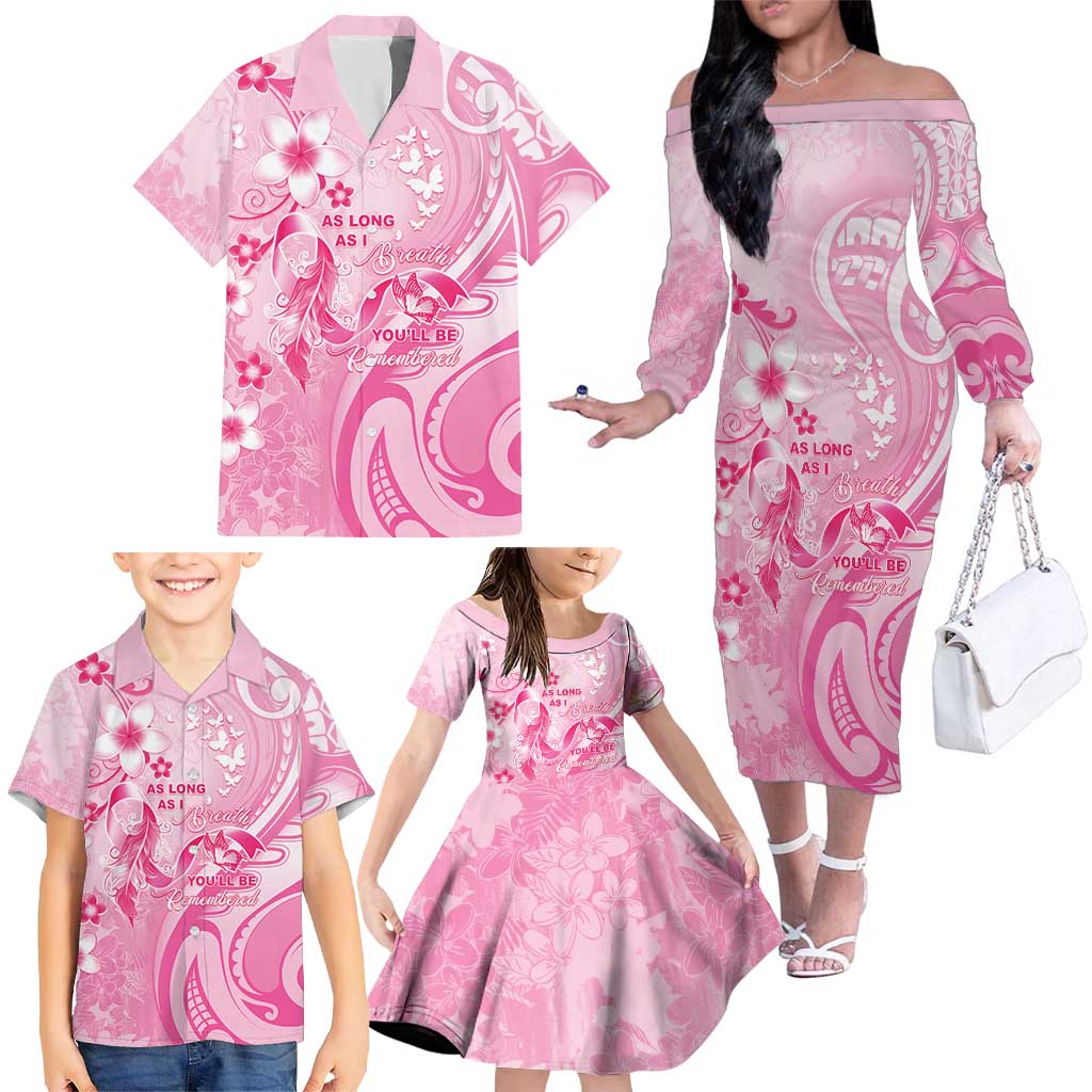Personalised Memorial Pink Breast Cancer Awareness Family Matching Off The Shoulder Long Sleeve Dress and Hawaiian Shirt Plumeria Floral Tribal Pattern - Polynesian Pride