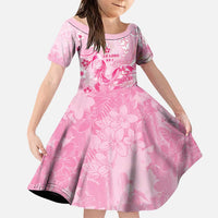 Personalised Memorial Pink Breast Cancer Awareness Family Matching Off Shoulder Maxi Dress and Hawaiian Shirt Plumeria Floral Tribal Pattern LT05 Daughter's Dress Pink - Polynesian Pride