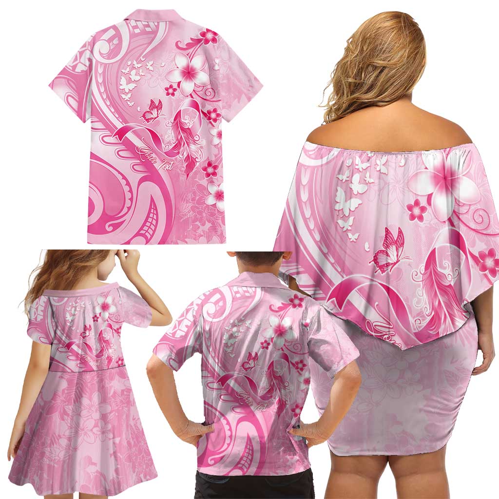 Personalised Memorial Pink Breast Cancer Awareness Family Matching Off Shoulder Short Dress and Hawaiian Shirt Plumeria Floral Tribal Pattern LT05 - Polynesian Pride