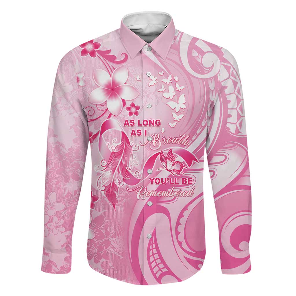 Personalised Memorial Pink Breast Cancer Awareness Family Matching Off Shoulder Short Dress and Hawaiian Shirt Plumeria Floral Tribal Pattern LT05 Dad's Shirt - Long Sleeve Pink - Polynesian Pride