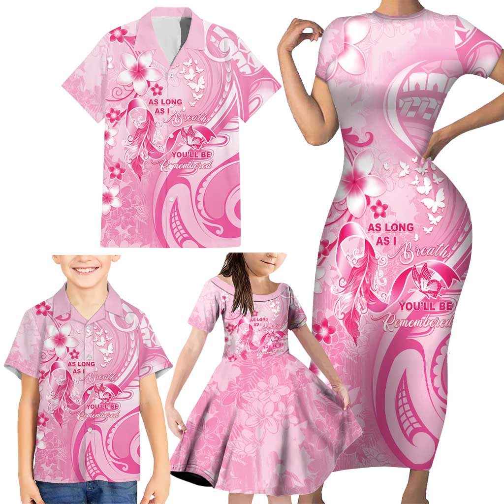 Personalised Memorial Pink Breast Cancer Awareness Family Matching Short Sleeve Bodycon Dress and Hawaiian Shirt Plumeria Floral Tribal Pattern - Polynesian Pride