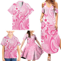 Personalised Memorial Pink Breast Cancer Awareness Family Matching Summer Maxi Dress and Hawaiian Shirt Plumeria Floral Tribal Pattern LT05 - Polynesian Pride