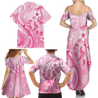 Personalised Memorial Pink Breast Cancer Awareness Family Matching Summer Maxi Dress and Hawaiian Shirt Plumeria Floral Tribal Pattern LT05 - Polynesian Pride