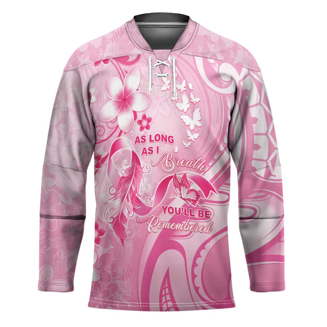Personalised Memorial Pink Breast Cancer Awareness Hockey Jersey Plumeria Floral Tribal Pattern - Polynesian Pride
