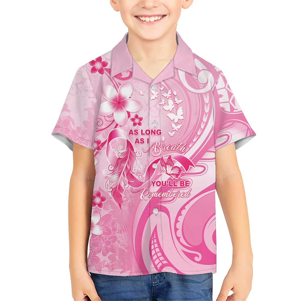 Personalised Memorial Pink Breast Cancer Awareness Kid Hawaiian Shirt Plumeria Floral Tribal Pattern - Polynesian Pride
