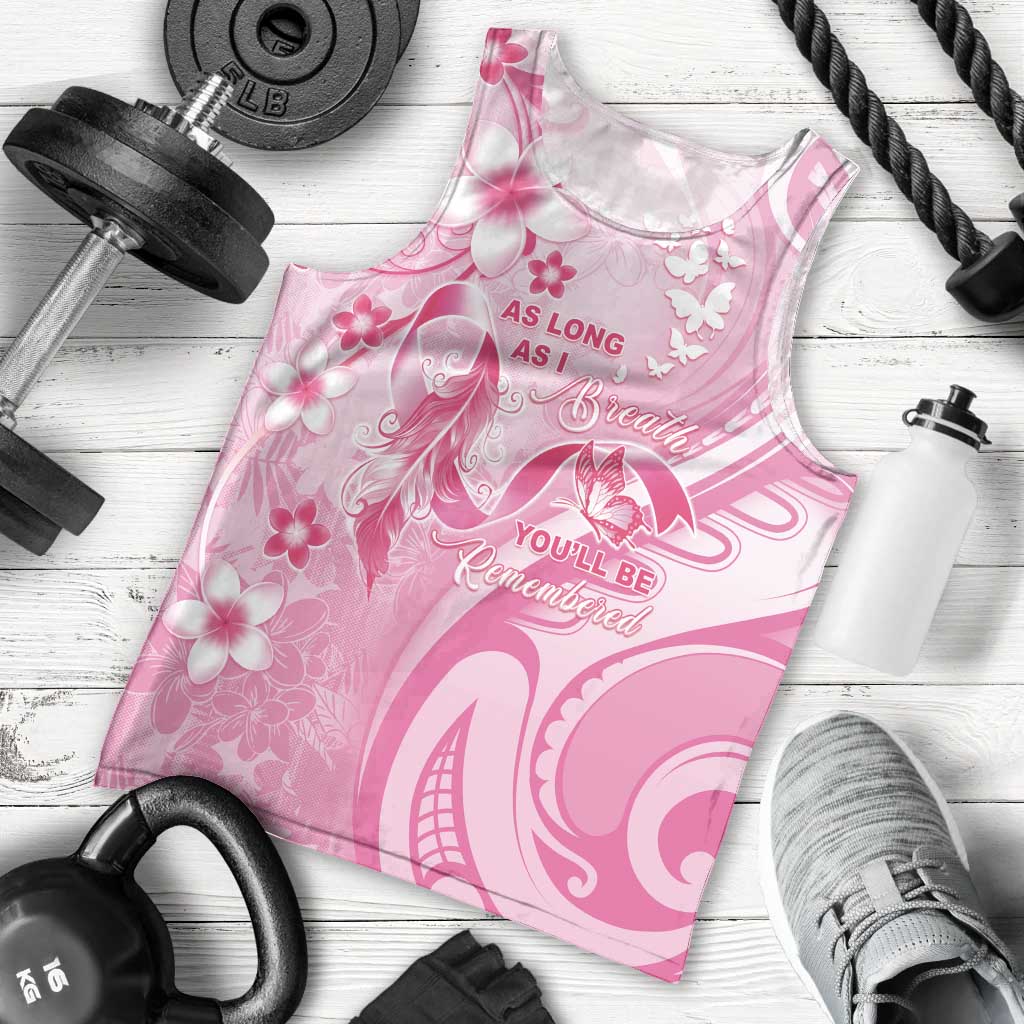 Personalised Memorial Pink Breast Cancer Awareness Men Tank Top Plumeria Floral Tribal Pattern - Polynesian Pride