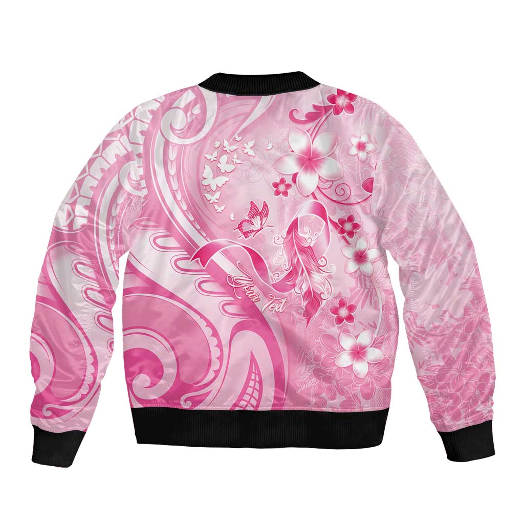 Personalised Memorial Pink Breast Cancer Awareness Sleeve Zip Bomber Jacket Plumeria Floral Tribal Pattern - Polynesian Pride