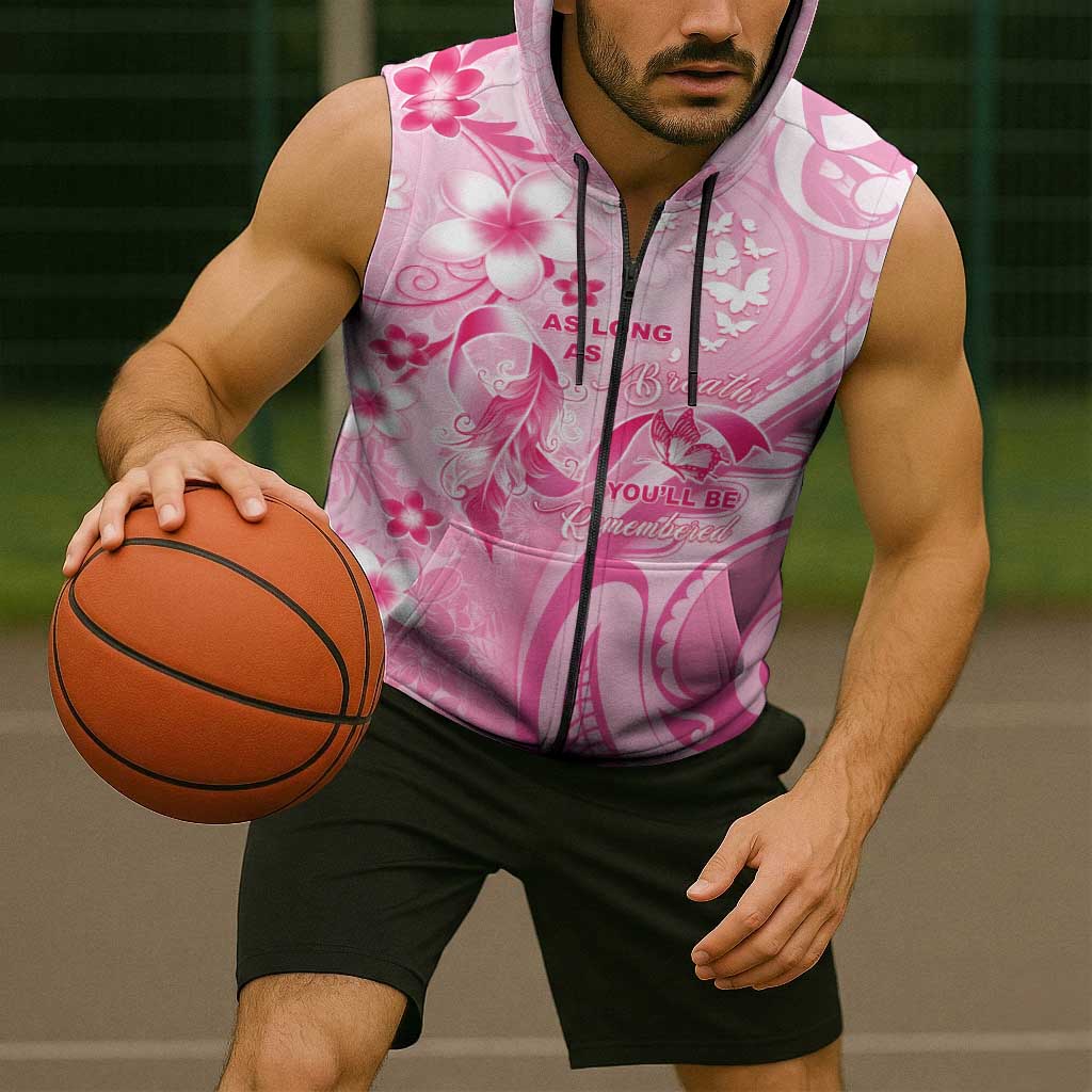 Personalised Memorial Pink Breast Cancer Awareness Sleeveless Zip Hoodie Plumeria Floral Tribal Pattern - Polynesian Pride