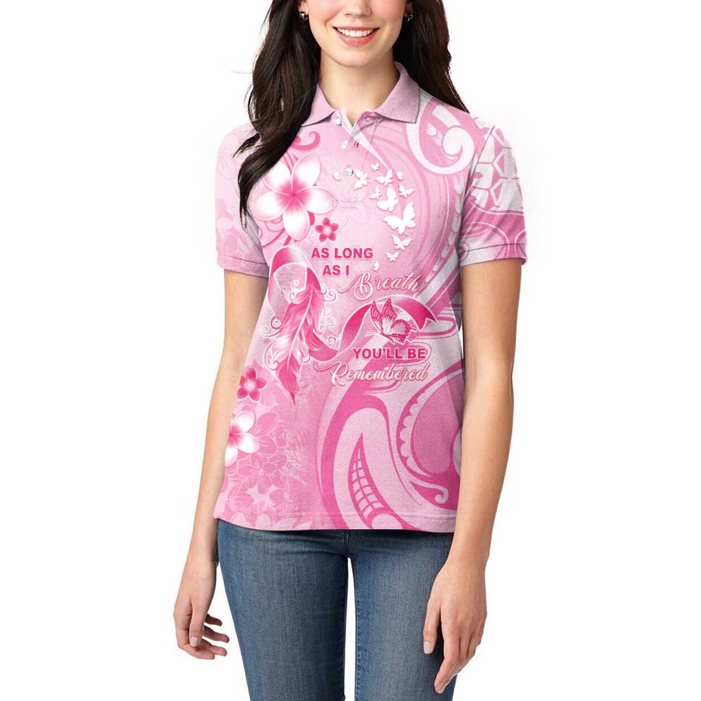 Personalised Memorial Pink Breast Cancer Awareness Women Polo Shirt Plumeria Floral Tribal Pattern LT05 - Polynesian Pride