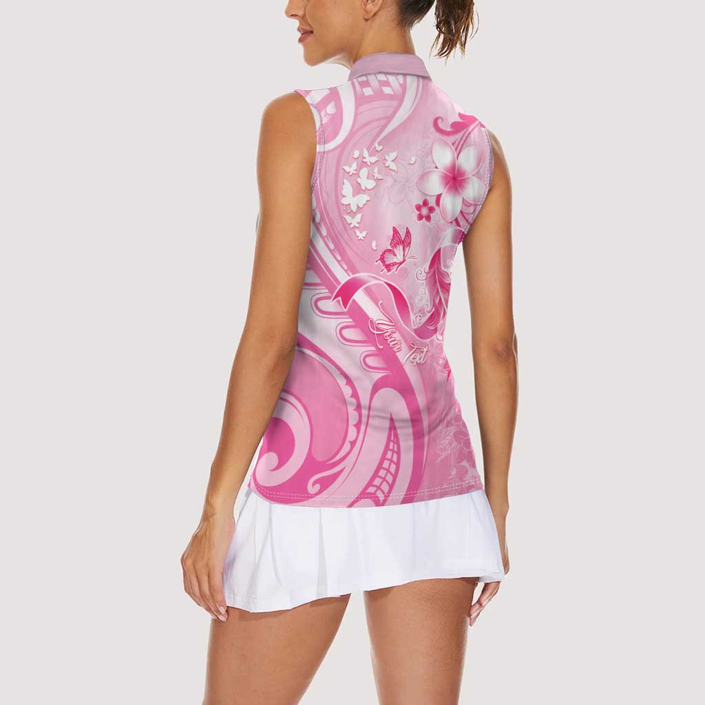 Personalised Memorial Pink Breast Cancer Awareness Women Sleeveless Polo Shirt Plumeria Floral Tribal Pattern LT05 - Polynesian Pride