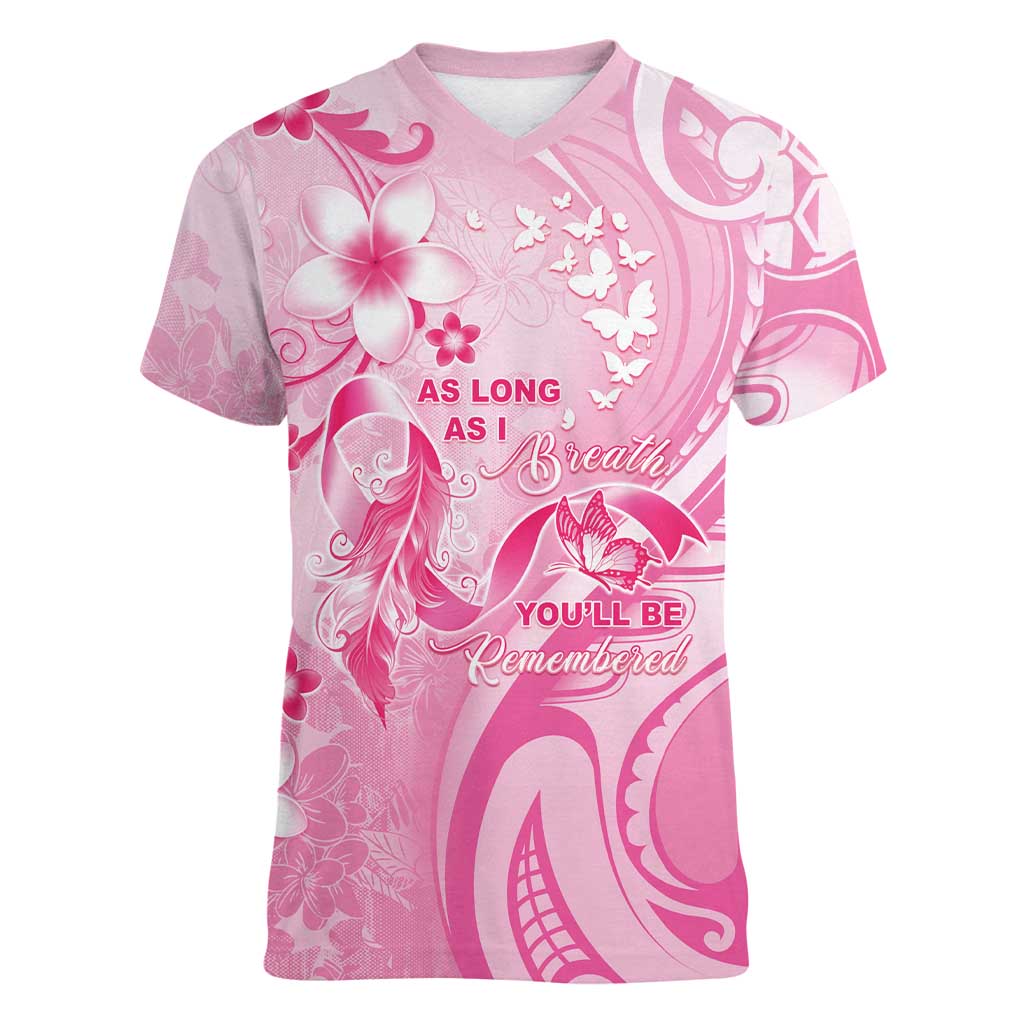 Personalised Memorial Pink Breast Cancer Awareness Women V-Neck T-Shirt Plumeria Floral Tribal Pattern - Polynesian Pride