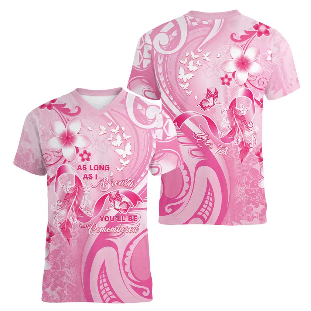 Personalised Memorial Pink Breast Cancer Awareness Women V-Neck T-Shirt Plumeria Floral Tribal Pattern LT05 - Polynesian Pride