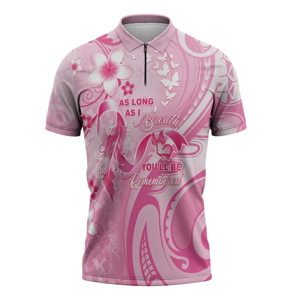 Personalised Memorial Pink Breast Cancer Awareness Zipper Polo Shirt Plumeria Floral Tribal Pattern - Polynesian Pride