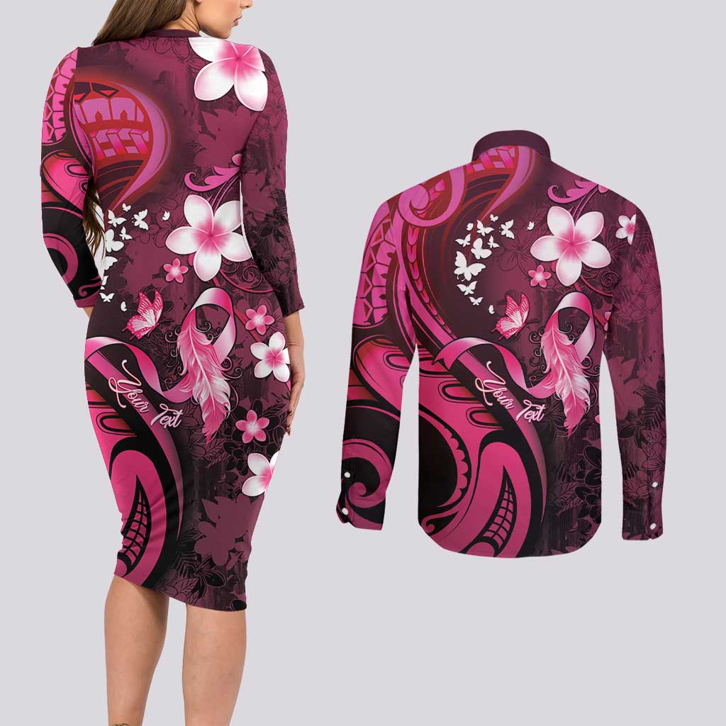 Personalised Memorial Breast Cancer Awareness Couples Matching Long Sleeve Bodycon Dress and Long Sleeve Button Shirt Plumeria Floral Tribal Pattern LT05 - Polynesian Pride