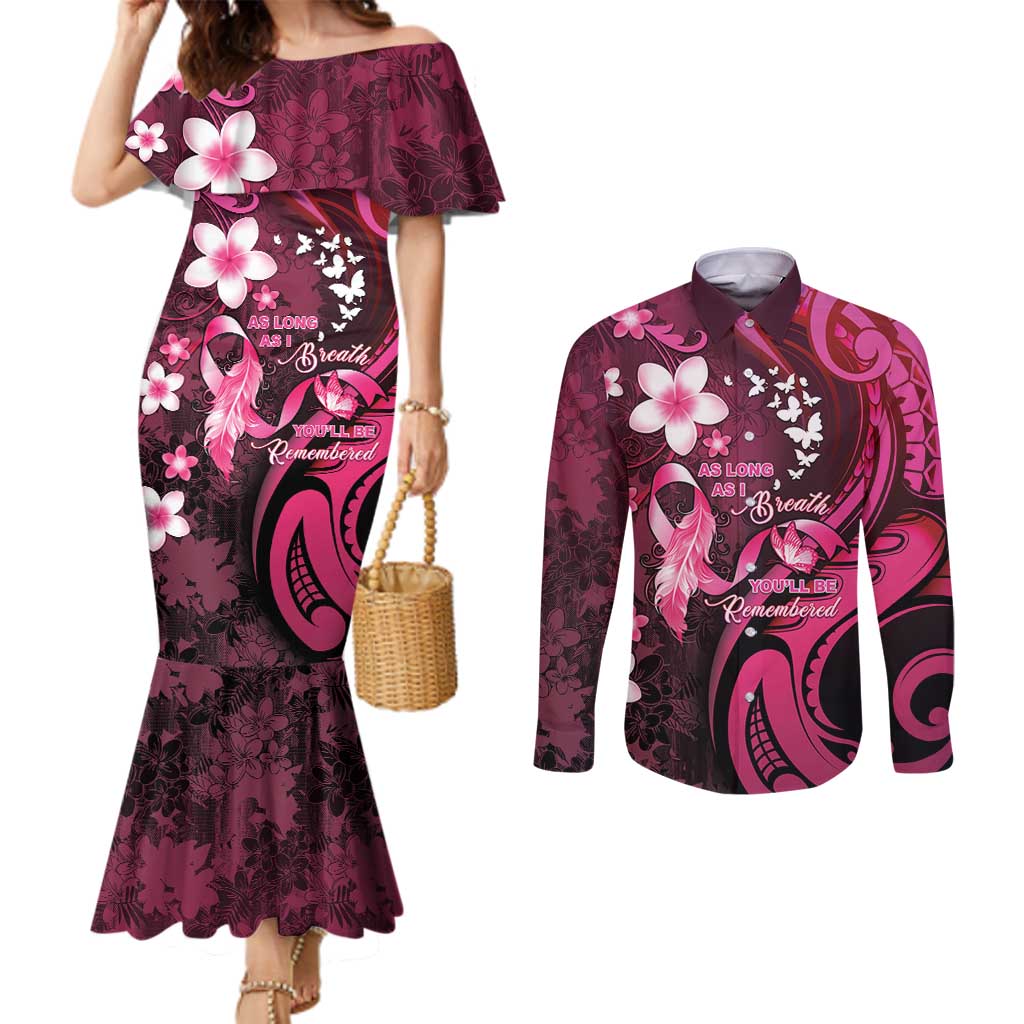 Personalised Memorial Breast Cancer Awareness Couples Matching Mermaid Dress and Long Sleeve Button Shirt Plumeria Floral Tribal Pattern LT05 Black - Polynesian Pride