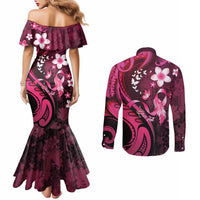 Personalised Memorial Breast Cancer Awareness Couples Matching Mermaid Dress and Long Sleeve Button Shirt Plumeria Floral Tribal Pattern LT05 - Polynesian Pride