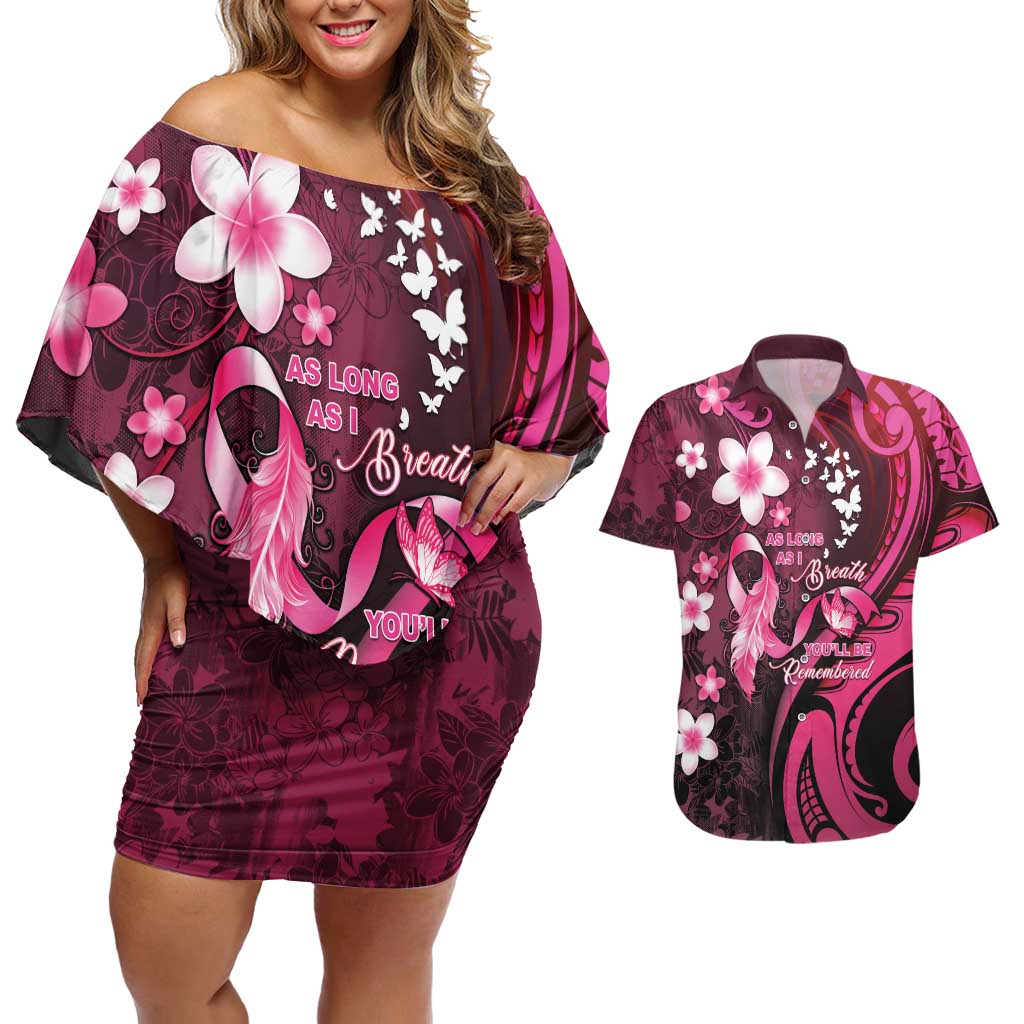 Personalised Memorial Breast Cancer Awareness Couples Matching Off Shoulder Short Dress and Hawaiian Shirt Plumeria Floral Tribal Pattern LT05 Black - Polynesian Pride