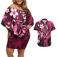 Personalised Memorial Breast Cancer Awareness Couples Matching Off Shoulder Short Dress and Hawaiian Shirt Plumeria Floral Tribal Pattern LT05 Black - Polynesian Pride