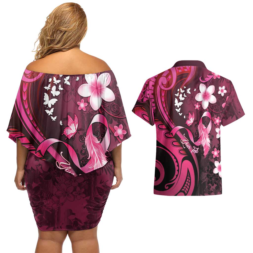 Personalised Memorial Breast Cancer Awareness Couples Matching Off Shoulder Short Dress and Hawaiian Shirt Plumeria Floral Tribal Pattern LT05 - Polynesian Pride