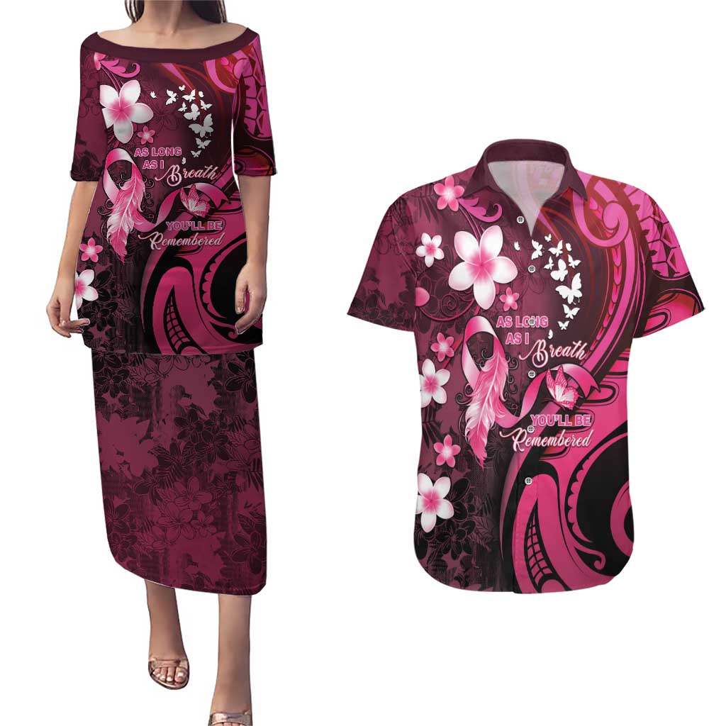 Personalised Memorial Breast Cancer Awareness Couples Matching Puletasi and Hawaiian Shirt Plumeria Floral Tribal Pattern - Polynesian Pride
