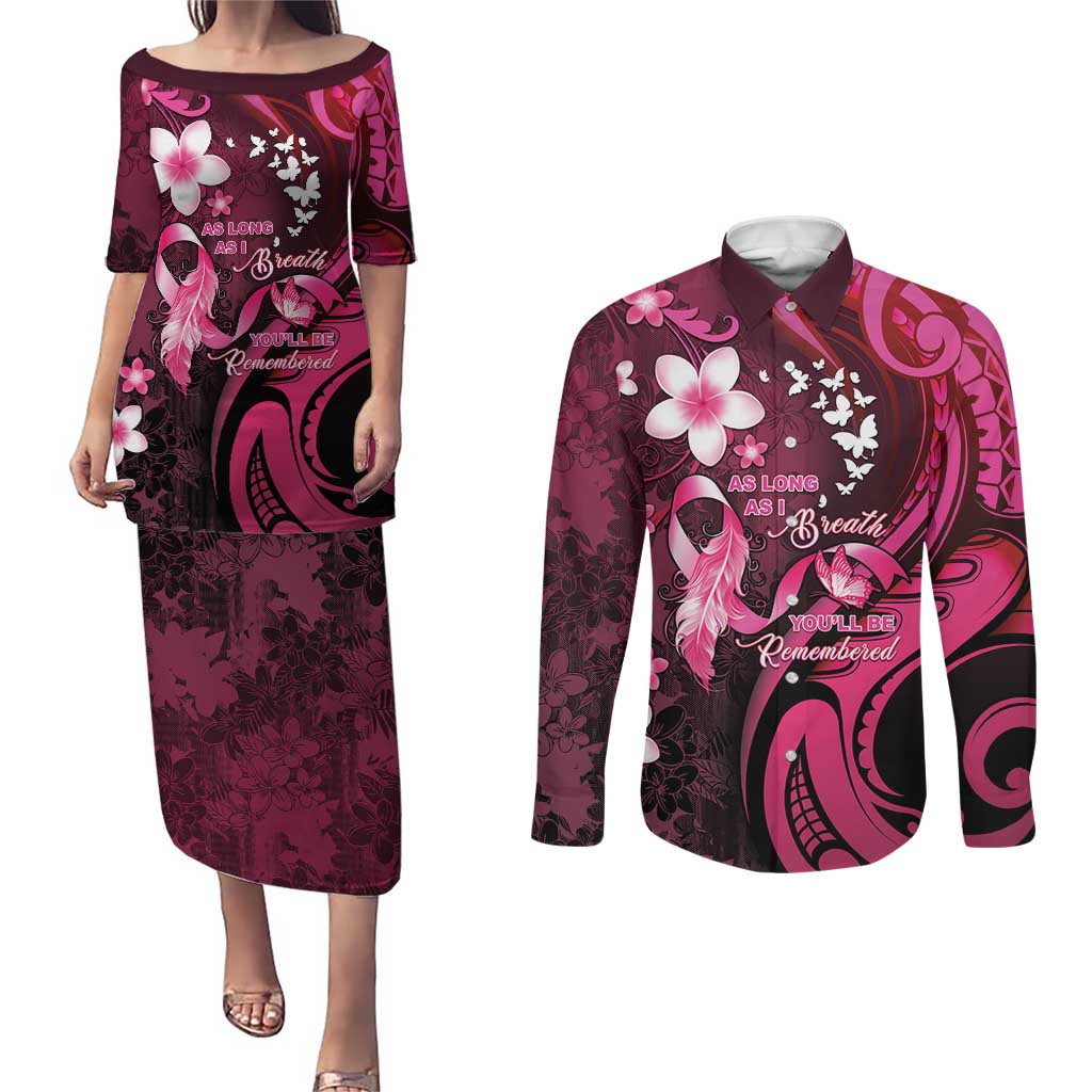 Personalised Memorial Breast Cancer Awareness Couples Matching Puletasi and Long Sleeve Button Shirt Plumeria Floral Tribal Pattern - Polynesian Pride