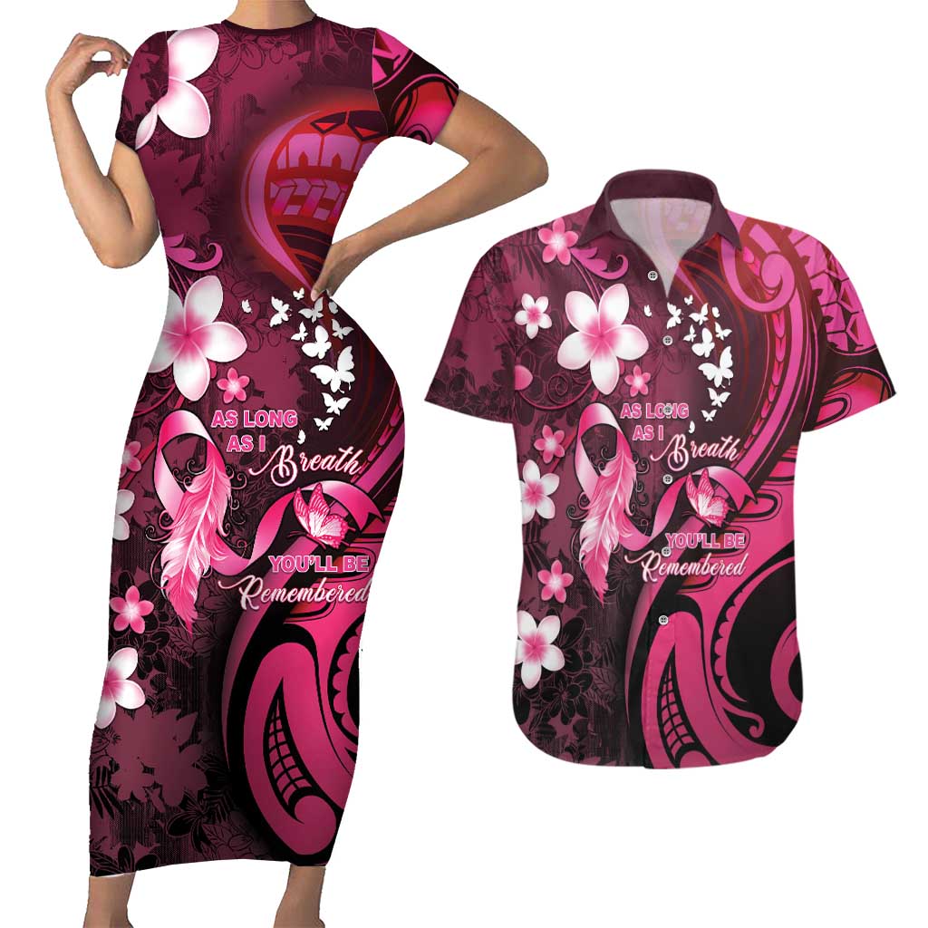 Personalised Memorial Breast Cancer Awareness Couples Matching Short Sleeve Bodycon Dress and Hawaiian Shirt Plumeria Floral Tribal Pattern LT05 Black - Polynesian Pride