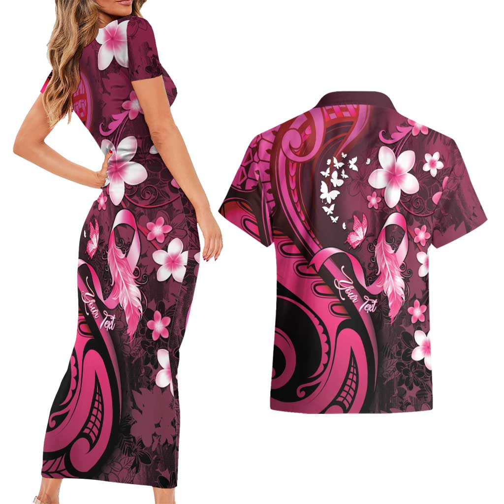 Personalised Memorial Breast Cancer Awareness Couples Matching Short Sleeve Bodycon Dress and Hawaiian Shirt Plumeria Floral Tribal Pattern LT05 - Polynesian Pride