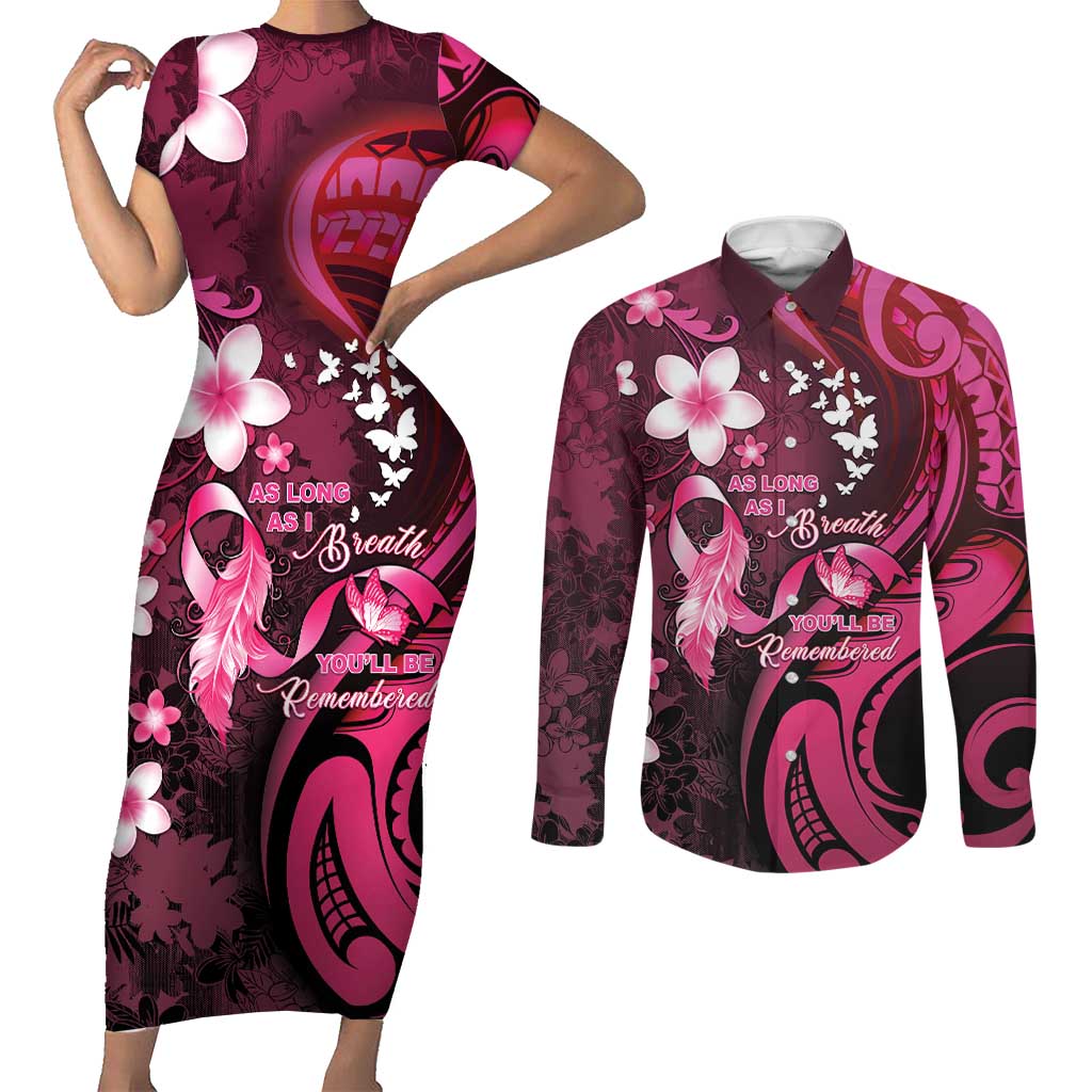 Personalised Memorial Breast Cancer Awareness Couples Matching Short Sleeve Bodycon Dress and Long Sleeve Button Shirt Plumeria Floral Tribal Pattern LT05 Black - Polynesian Pride