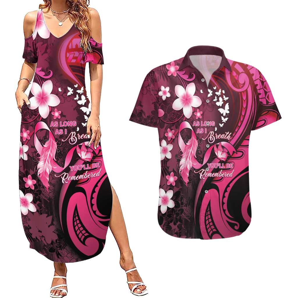 Personalised Memorial Breast Cancer Awareness Couples Matching Summer Maxi Dress and Hawaiian Shirt Plumeria Floral Tribal Pattern - Polynesian Pride