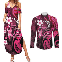 Personalised Memorial Breast Cancer Awareness Couples Matching Summer Maxi Dress and Long Sleeve Button Shirt Plumeria Floral Tribal Pattern - Polynesian Pride
