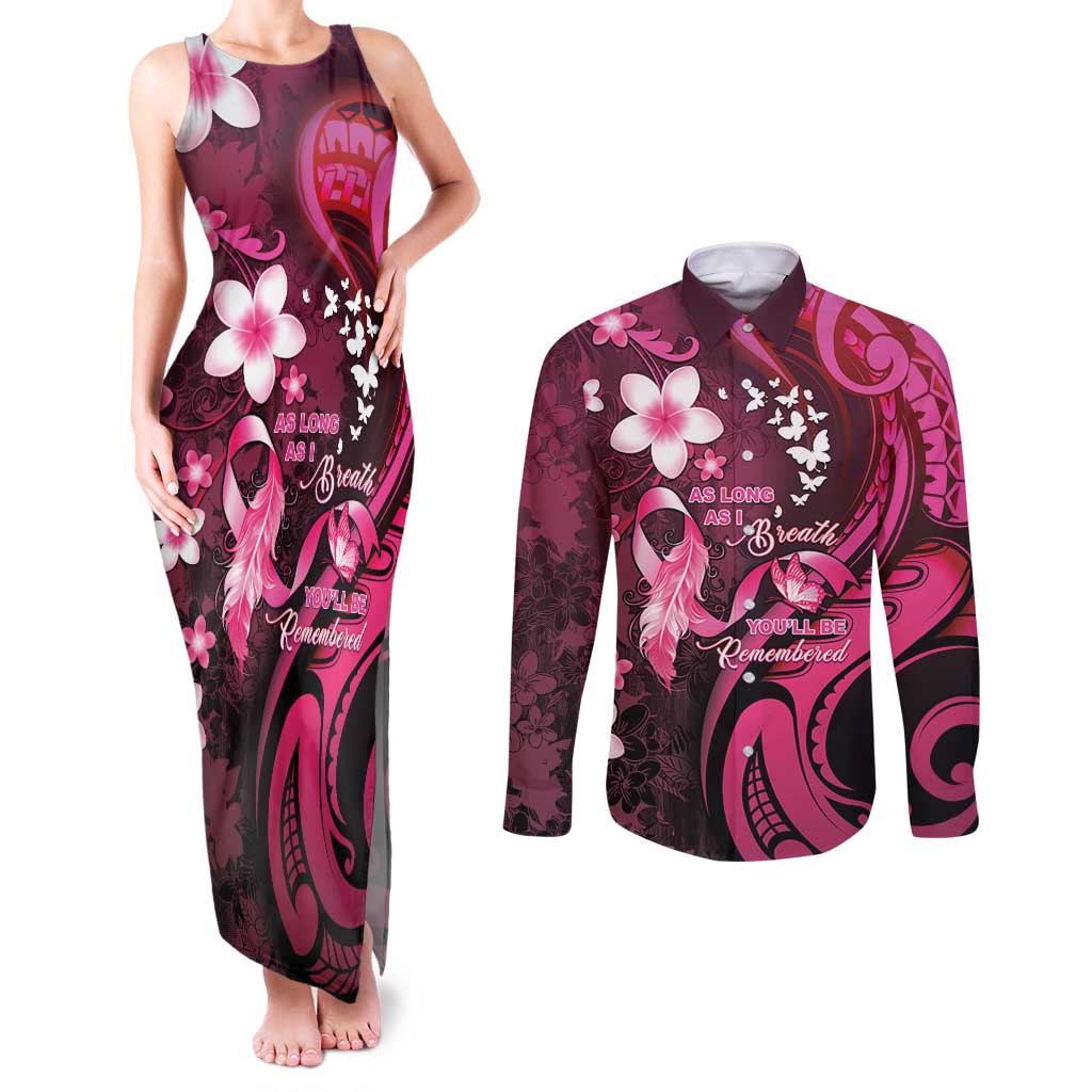 Personalised Memorial Breast Cancer Awareness Couples Matching Tank Maxi Dress and Long Sleeve Button Shirt Plumeria Floral Tribal Pattern LT05 Black - Polynesian Pride