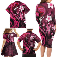 Personalised Memorial Breast Cancer Awareness Family Matching Long Sleeve Bodycon Dress and Hawaiian Shirt Plumeria Floral Tribal Pattern LT05 - Polynesian Pride