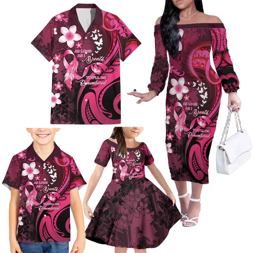 Personalised Memorial Breast Cancer Awareness Family Matching Off The Shoulder Long Sleeve Dress and Hawaiian Shirt Plumeria Floral Tribal Pattern LT05 - Polynesian Pride