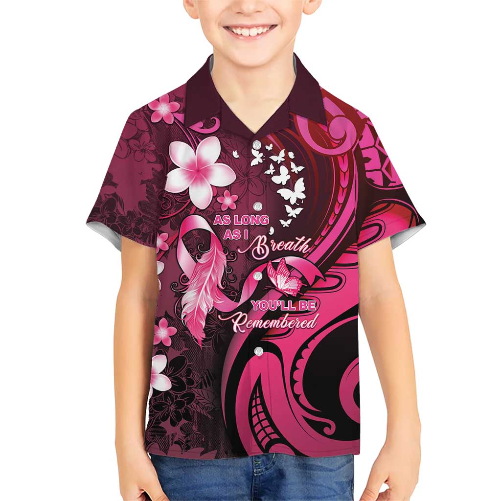 Personalised Memorial Breast Cancer Awareness Family Matching Off The Shoulder Long Sleeve Dress and Hawaiian Shirt Plumeria Floral Tribal Pattern LT05 Son's Shirt Black - Polynesian Pride