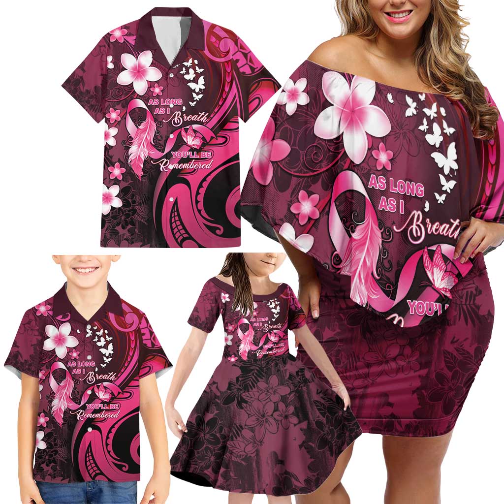 Personalised Memorial Breast Cancer Awareness Family Matching Off Shoulder Short Dress and Hawaiian Shirt Plumeria Floral Tribal Pattern - Polynesian Pride