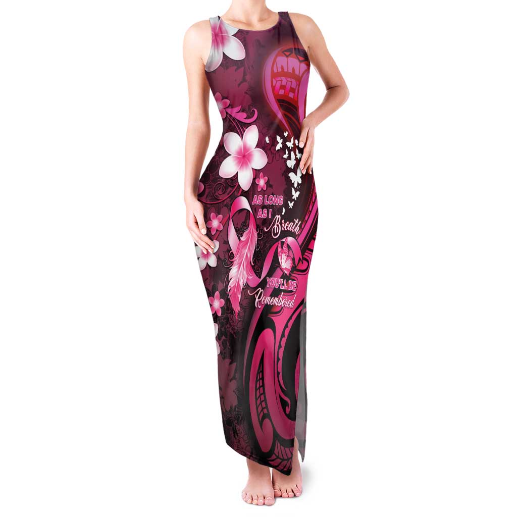 Personalised Memorial Breast Cancer Awareness Family Matching Tank Maxi Dress and Hawaiian Shirt Plumeria Floral Tribal Pattern LT05 Mom's Dress Black - Polynesian Pride
