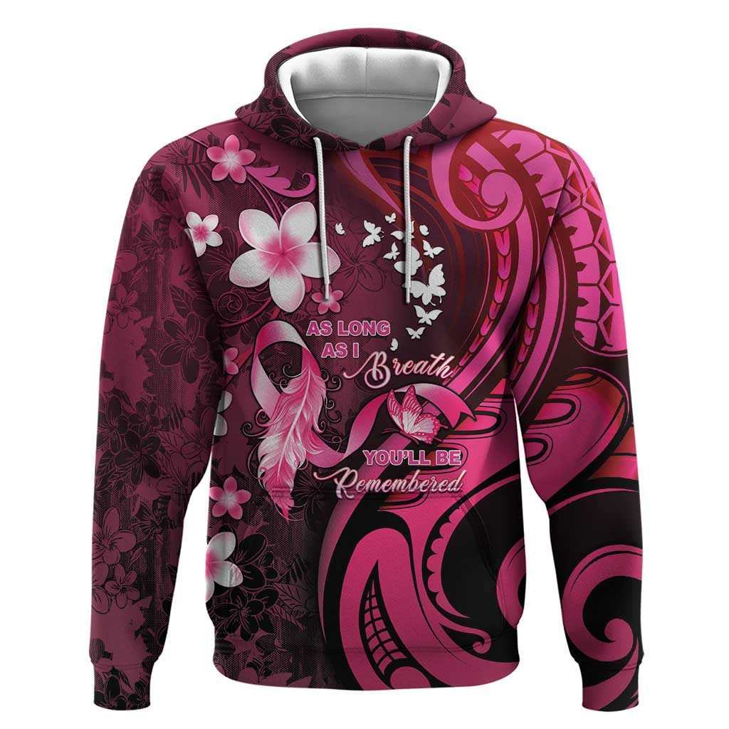 Personalised Memorial Breast Cancer Awareness Hoodie Plumeria Floral Tribal Pattern LT05 Pullover Hoodie Black - Polynesian Pride
