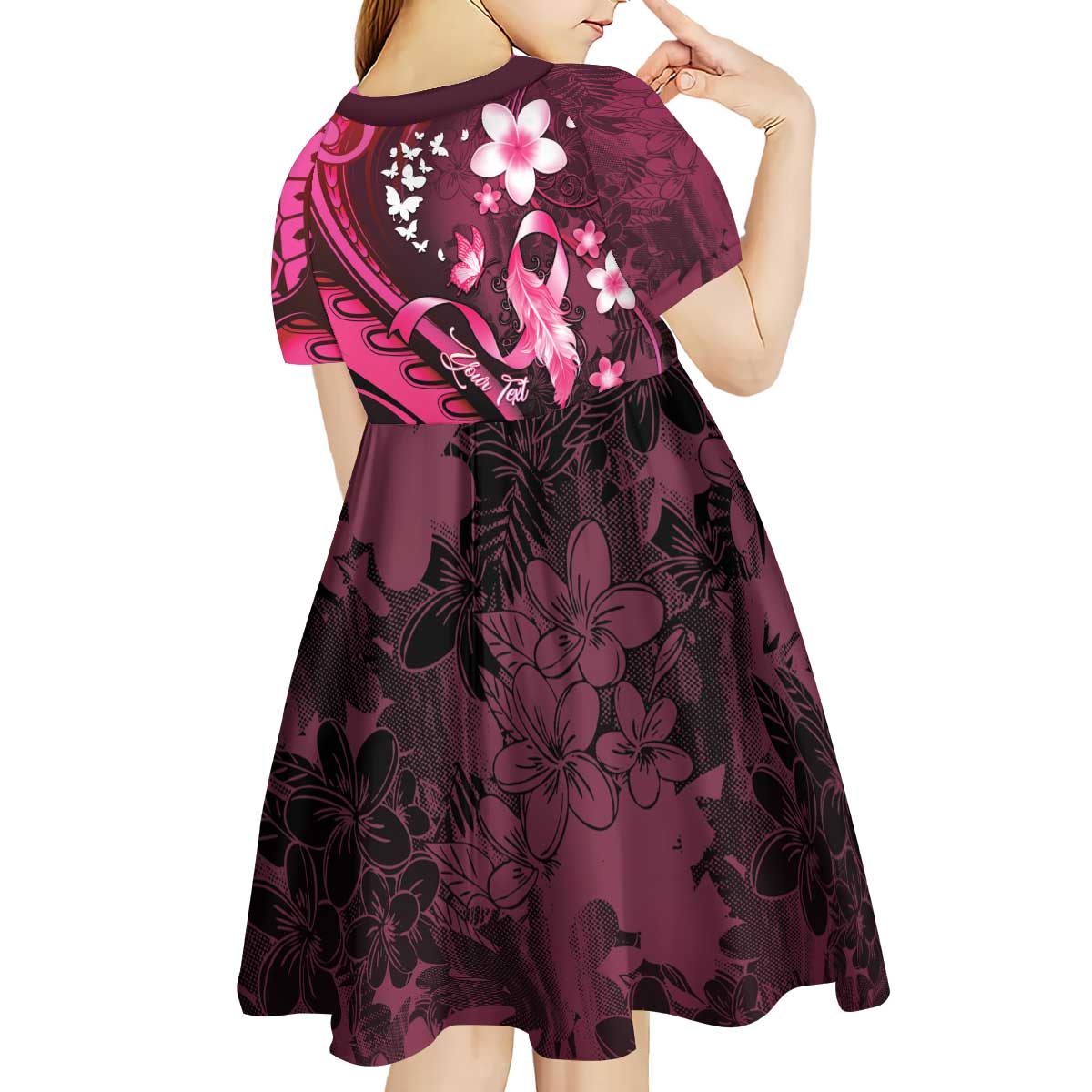 Personalised Memorial Breast Cancer Awareness Kid Short Sleeve Dress Plumeria Floral Tribal Pattern - Polynesian Pride