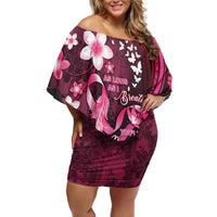 Personalised Memorial Breast Cancer Awareness Off Shoulder Short Dress Plumeria Floral Tribal Pattern - Polynesian Pride