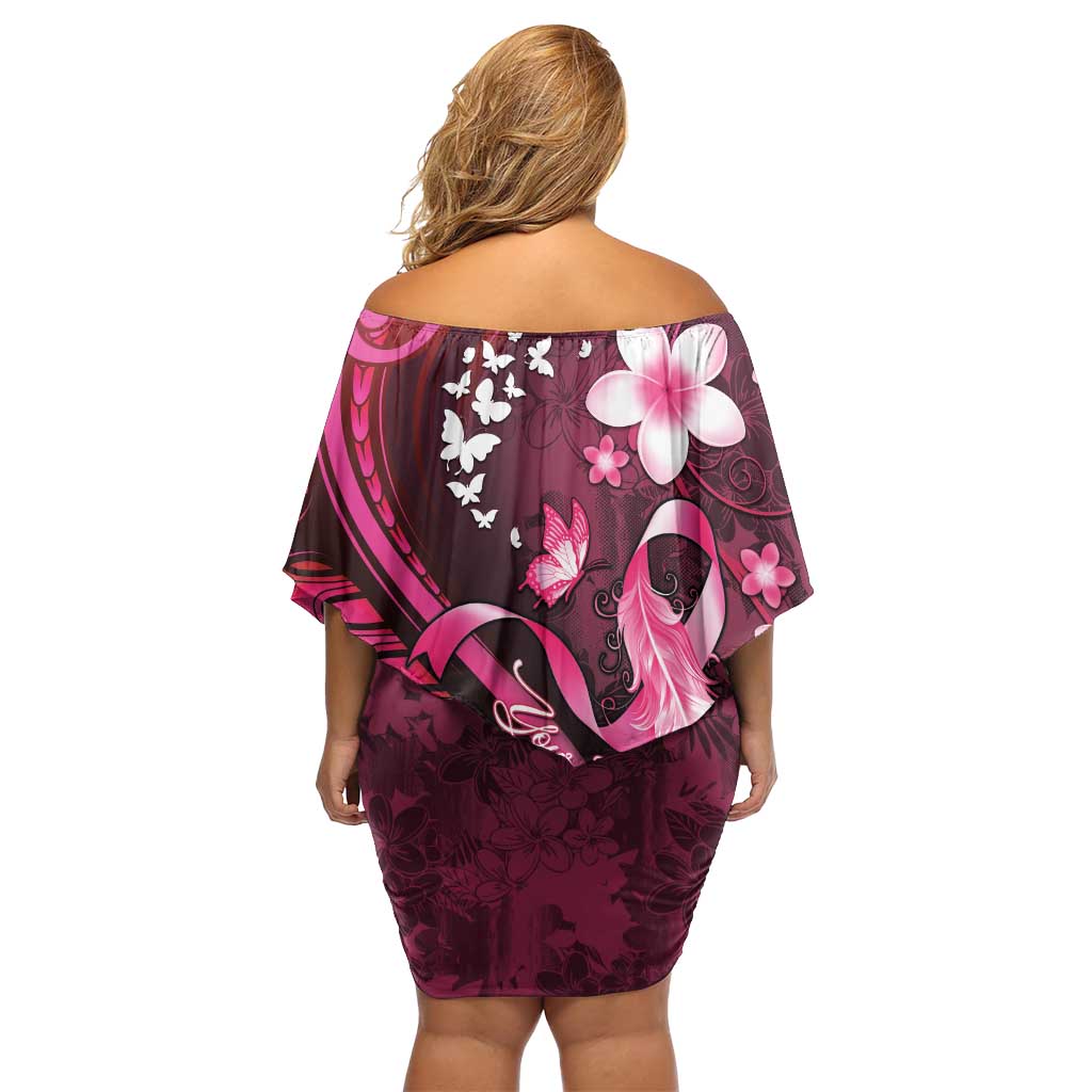 Personalised Memorial Breast Cancer Awareness Off Shoulder Short Dress Plumeria Floral Tribal Pattern - Polynesian Pride