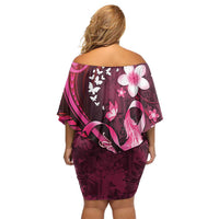Personalised Memorial Breast Cancer Awareness Off Shoulder Short Dress Plumeria Floral Tribal Pattern - Polynesian Pride