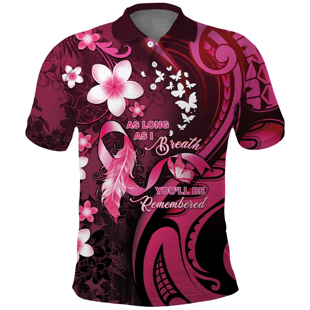 Personalised Memorial Breast Cancer Awareness Polo Shirt Plumeria Floral Tribal Pattern LT05 Black - Polynesian Pride