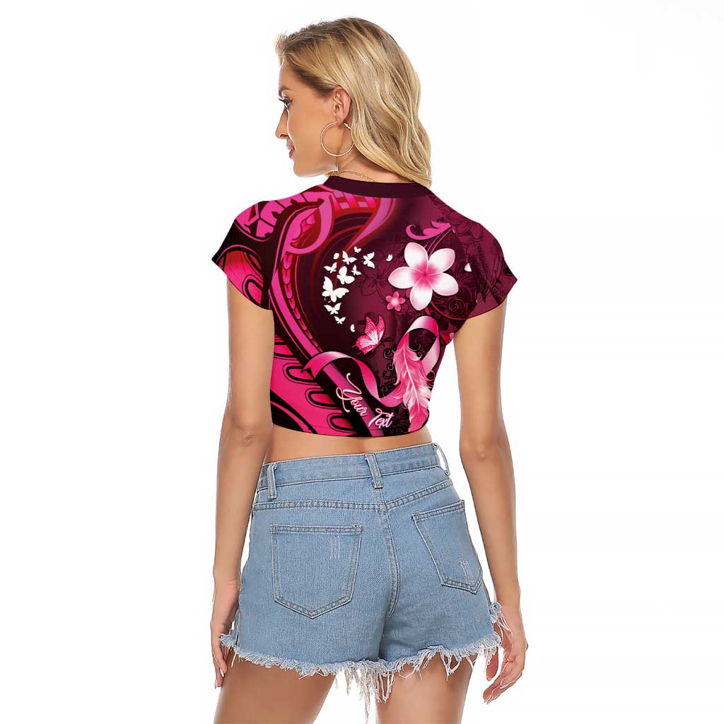 Personalised Memorial Breast Cancer Awareness Raglan Cropped T Shirt Plumeria Floral Tribal Pattern - Polynesian Pride