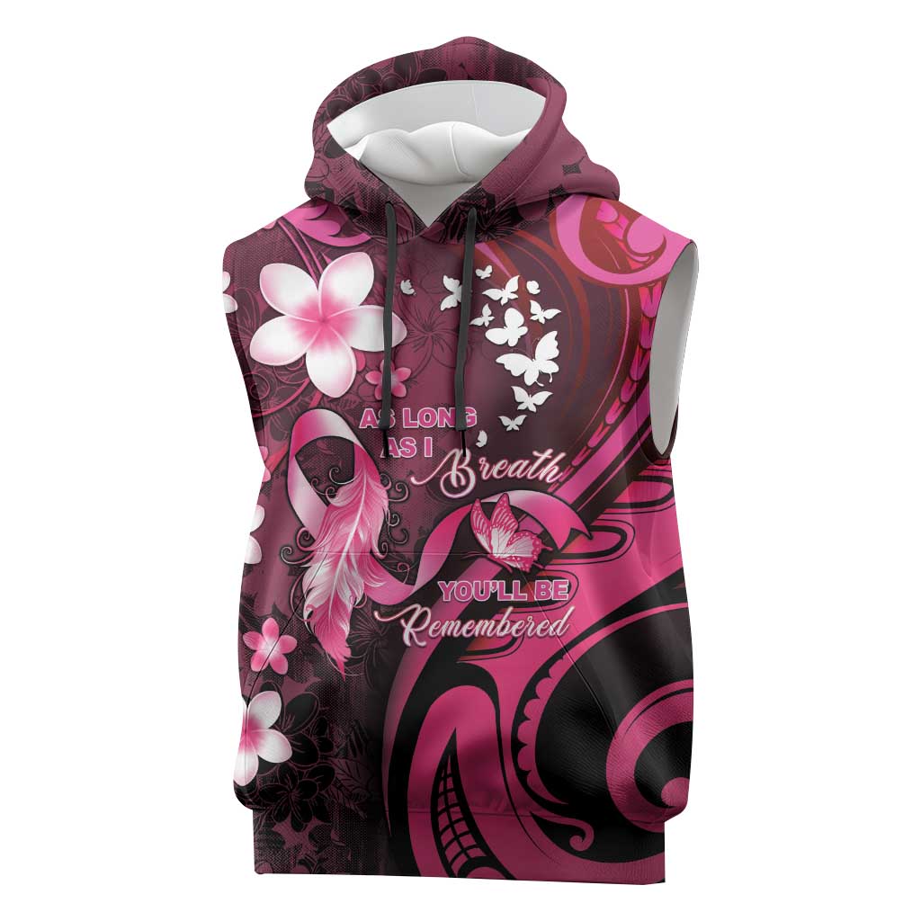 Personalised Memorial Breast Cancer Awareness Sleeveless Hoodie Plumeria Floral Tribal Pattern - Polynesian Pride