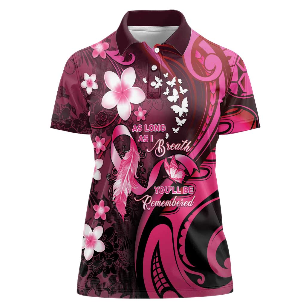 Personalised Memorial Breast Cancer Awareness Women Polo Shirt Plumeria Floral Tribal Pattern - Polynesian Pride