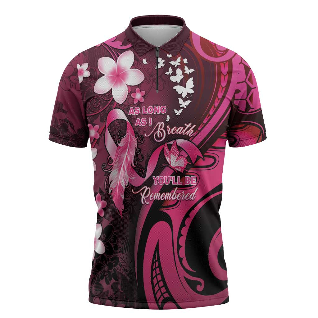 Personalised Memorial Breast Cancer Awareness Zipper Polo Shirt Plumeria Floral Tribal Pattern - Polynesian Pride