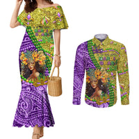 Personalised Hawaii Mardi Gras Couples Matching Mermaid Dress and Long Sleeve Button Shirt Polynesian Pattern With Glitter Style LT05 Yellow - Polynesian Pride
