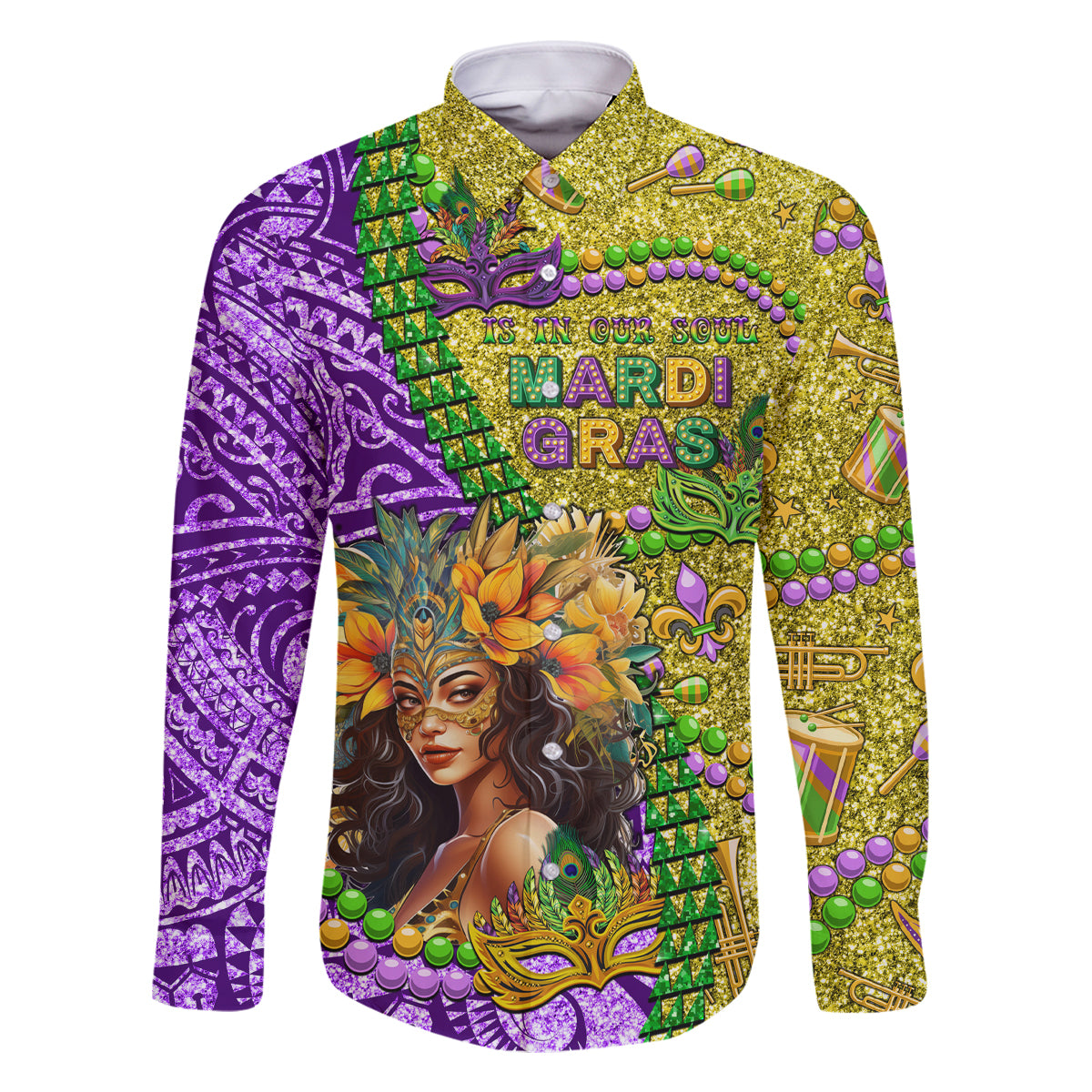 Personalised Hawaii Mardi Gras Family Matching Mermaid Dress and Hawaiian Shirt Polynesian Pattern With Glitter Style LT05 Dad's Shirt - Long Sleeve Yellow - Polynesian Pride